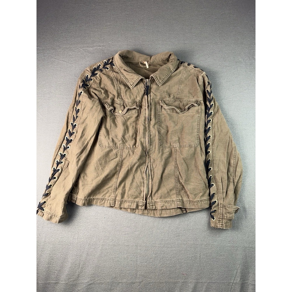 Free People Faye 100% Cotton Military Jacket Green Moss Brown Lace Up Sleeves L